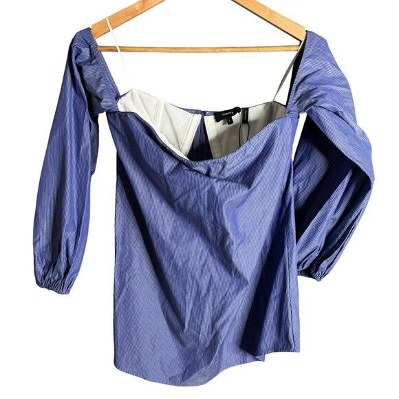 Theory Laureema Off the Shoulder Poplin Top Blue Amherst Stripe Size 6 NWT - Picture 3 of 5